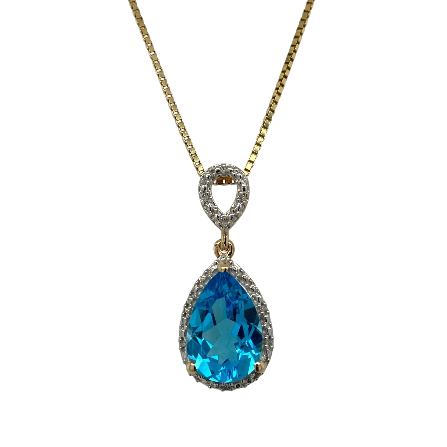 9ct Gold Diamond & Blue Topaz Set Teardrop 16" Necklace