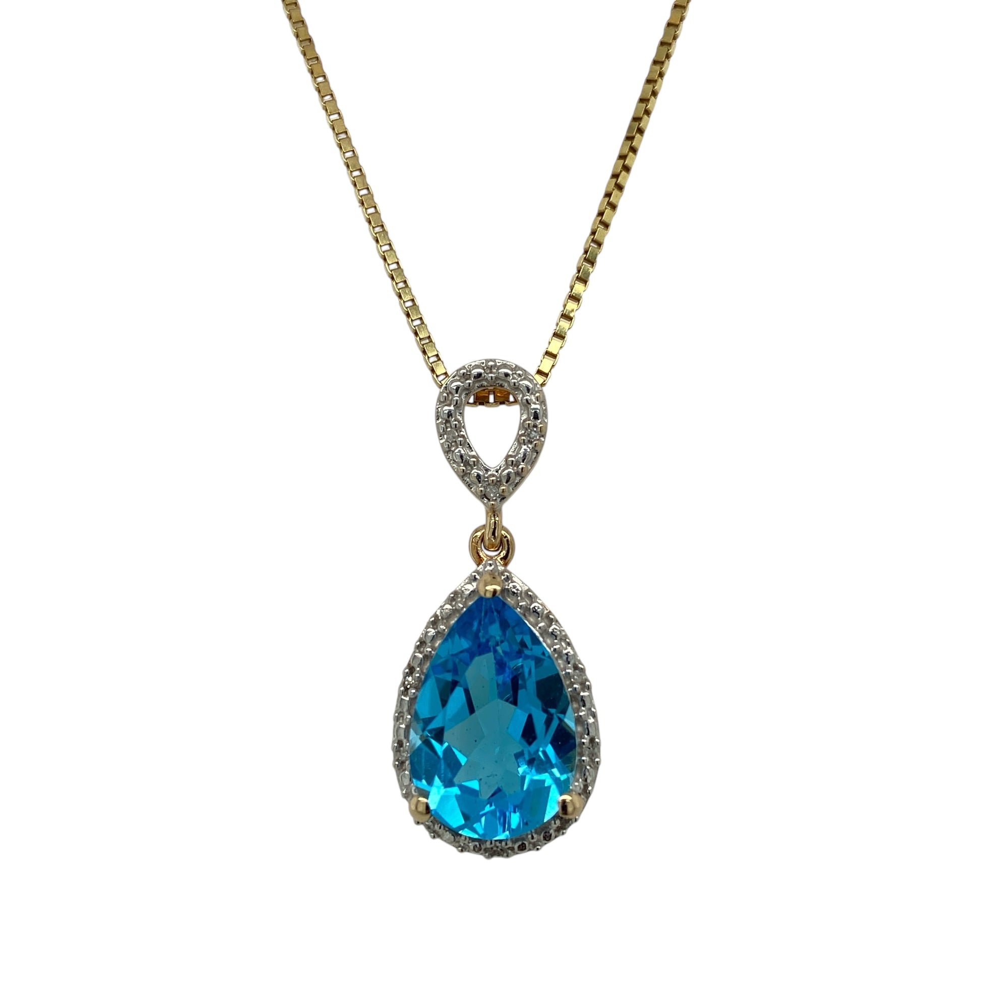 9ct Gold Diamond & Blue Topaz Set Teardrop 16" Necklace
