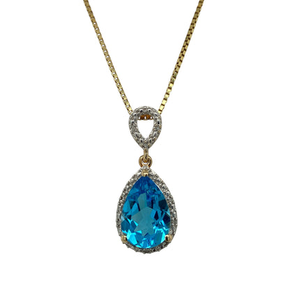 9ct Gold Diamond & Blue Topaz Set Teardrop 16" Necklace