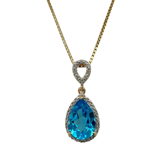 9ct Gold Diamond & Blue Topaz Set Teardrop 16" Necklace