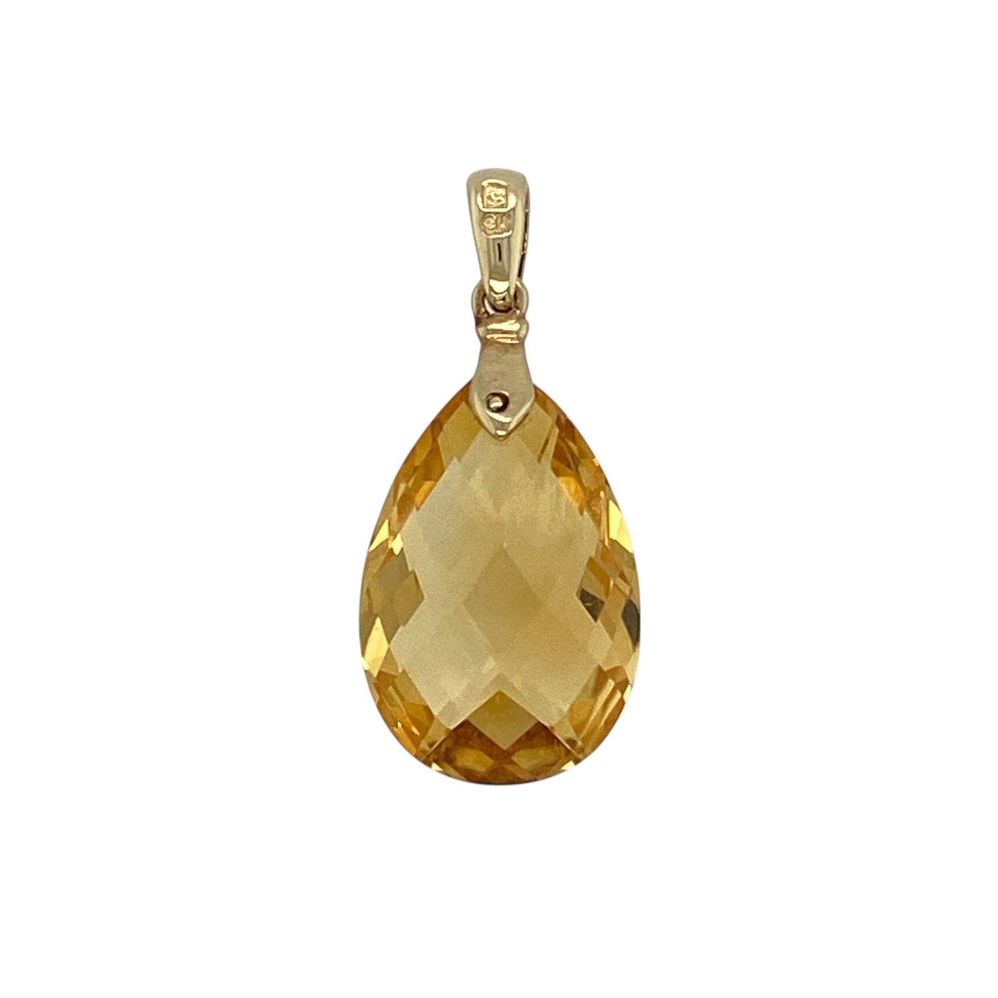 Bring warm colour and elegant simplicity to your jewellery collection with this pre-owned 9ct yellow gold and yellow stone teardrop pendant.

Design: The pendant features a striking teardrop-shaped yellow stone in a citrine colour, measuring approximately 19mm by 13mm, creating a bold and eye-catching focal point.
Material: Made from 9-carat yellow gold, the warm polished finish beautifully complements the golden tones of the stone.