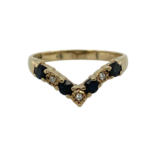 9ct Gold Diamond & Sapphire Set Wishbone Ring