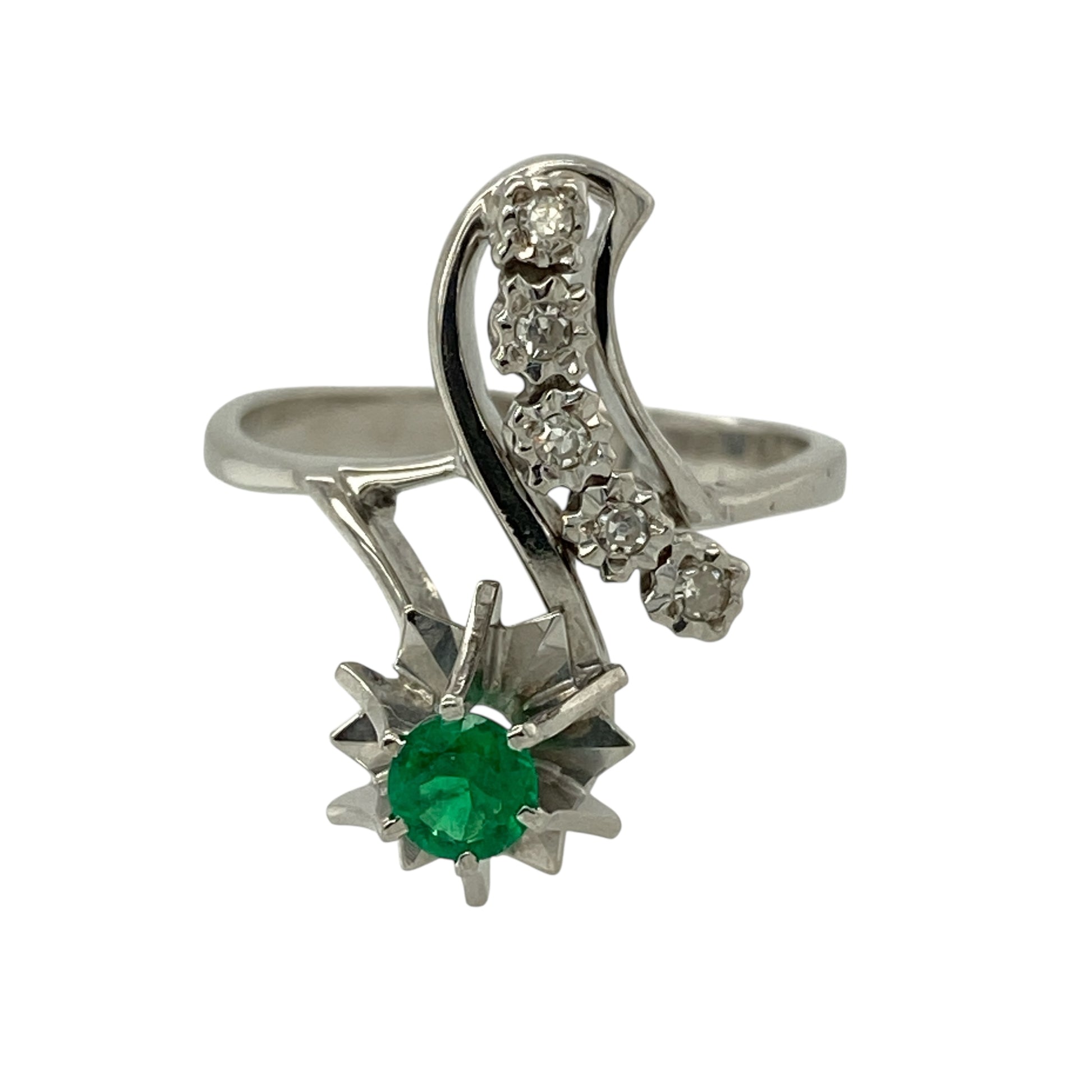 18ct White Gold Diamond & Emerald Set Twist Ring