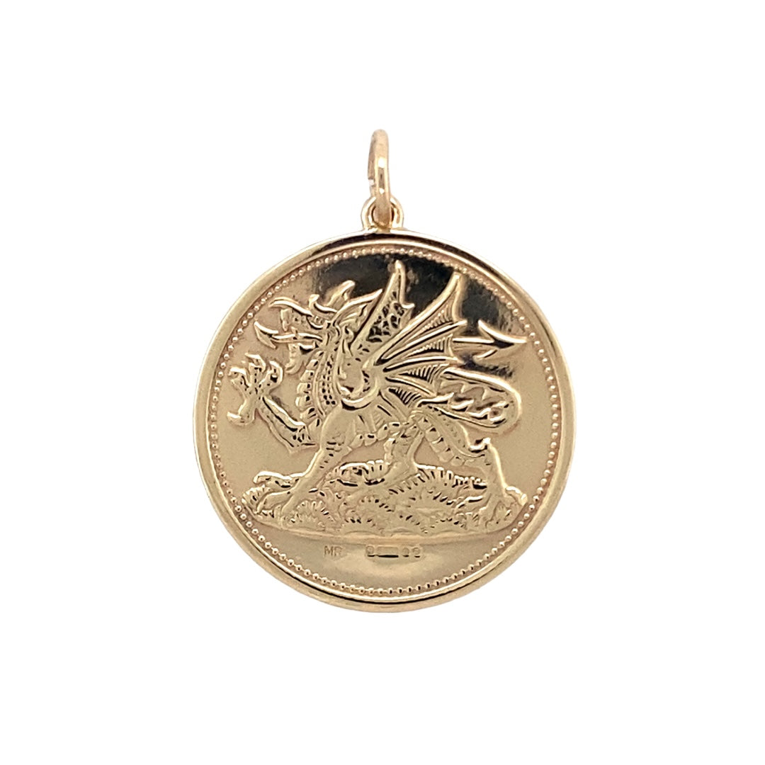 Preowned 9ct Yellow Gold Welsh Dragon and Three Feather symbol double sided Coin Style Pendant with the weight 7 grams