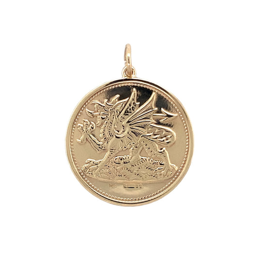 Preowned 9ct Yellow Gold Welsh Dragon and Three Feather symbol double sided Coin Style Pendant with the weight 7 grams