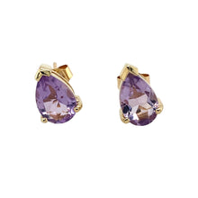 Load image into Gallery viewer, Preowned 9ct Yellow Gold &amp; Lavender Cubic Zirconia Set Teardrop Stud Earrings with the weight 1.80 grams. The stones are each 9mm by 6mm
