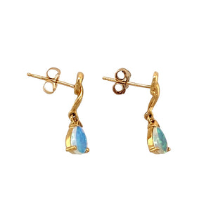 Preowned 18ct Yellow Gold & Opalique Teardrop Set Dropper Earrings with the weight 2.20 grams. The opalique stones are each 7mm by 5mm