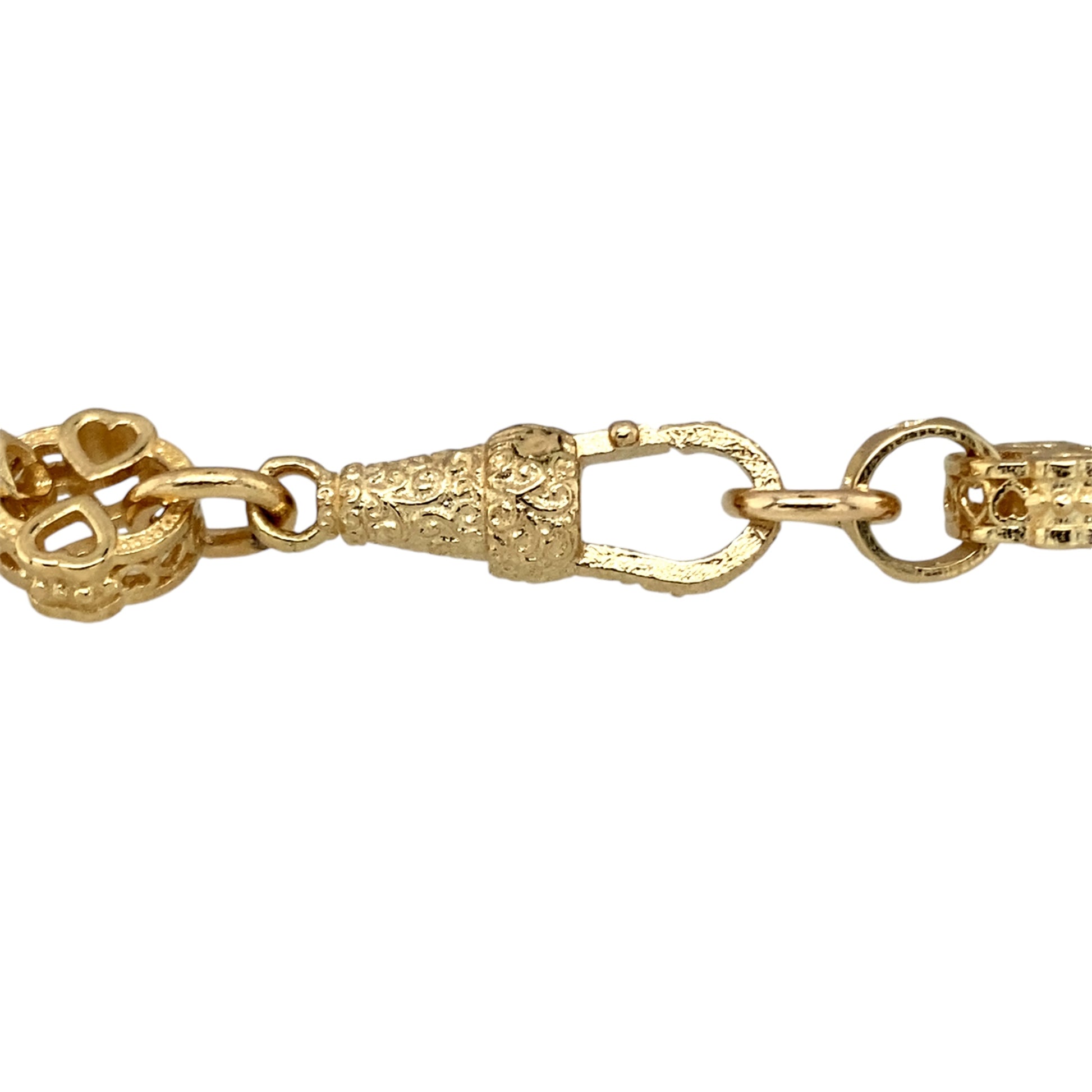 New 9ct Yellow Gold 7.5" Fancy Heart Link Bracelet with the weight 15.40 grams. The link width is approximately 8mm