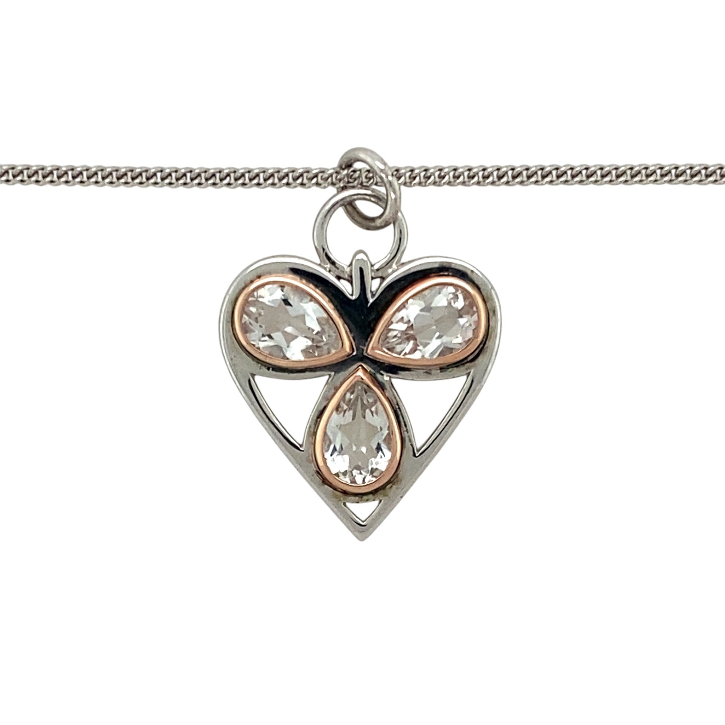 Preowned 925 Silver with 9ct Rose Gold Clogau & White Topaz Set Clogau Heart Pendant on an 18" - 22" Clogau curb chain with the weight 8.20 grams. The pendant is 2.9cm long including the bail