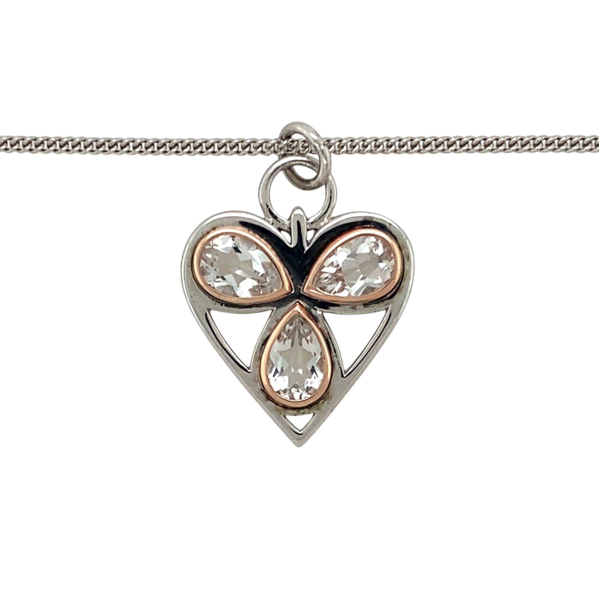 Preowned 925 Silver with 9ct Rose Gold Clogau & White Topaz Set Clogau Heart Pendant on an 18" - 22" Clogau curb chain with the weight 8.20 grams. The pendant is 2.9cm long including the bail
