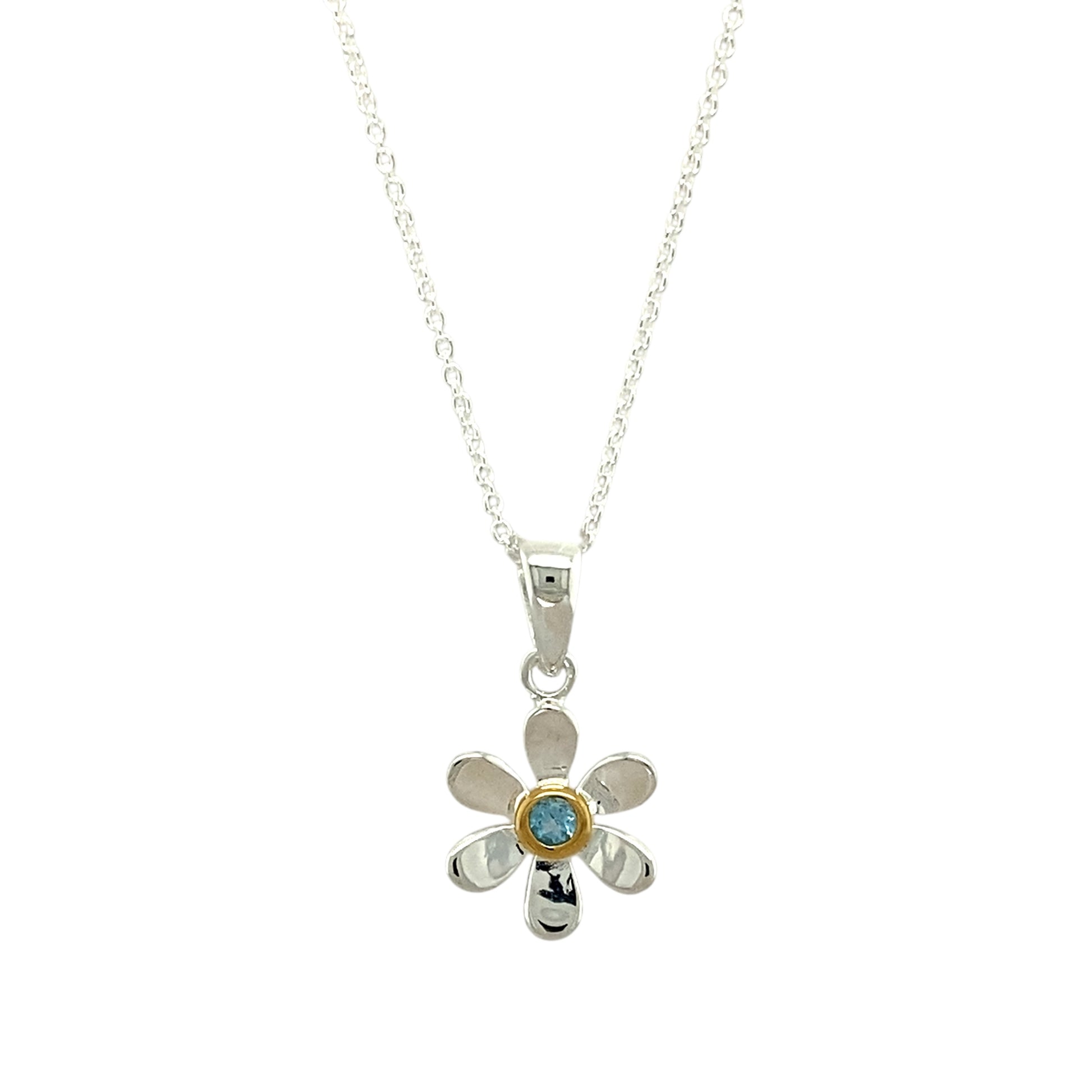 925 Silver & Blue Topaz Set Flower March Birthstone 16" - 18" Necklace