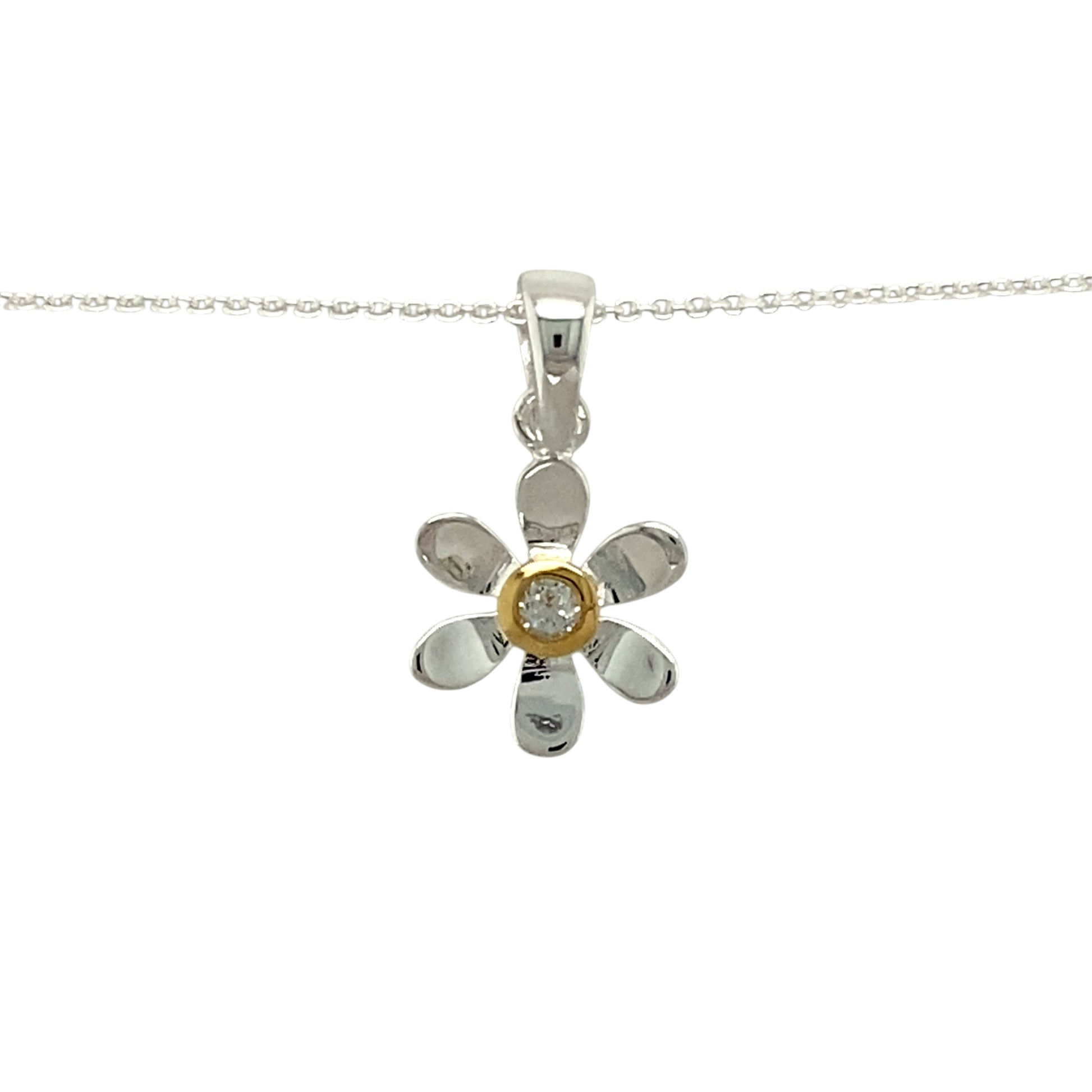 Add a touch of elegance and personal meaning to your jewellery collection with this new 925 silver & white topaz set flower April birthstone pendant necklace, featuring:

Design: A delicate flower-shaped pendant, set with a sparkling white topaz birthstone at its centre for a timeless and meaningful touch.
Material: 925 sterling silver, with a gold-plated setting around the white topaz for added warmth and contrast.
Gemstone: Features a 2mm diameter white topaz, known as the birthstone for April, symbolisin