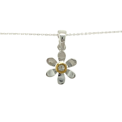 Add a touch of elegance and personal meaning to your jewellery collection with this new 925 silver & white topaz set flower April birthstone pendant necklace, featuring:

Design: A delicate flower-shaped pendant, set with a sparkling white topaz birthstone at its centre for a timeless and meaningful touch.
Material: 925 sterling silver, with a gold-plated setting around the white topaz for added warmth and contrast.
Gemstone: Features a 2mm diameter white topaz, known as the birthstone for April, symbolisin