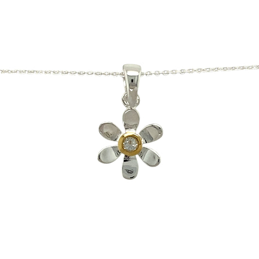 Add a touch of elegance and personal meaning to your jewellery collection with this new 925 silver & white topaz set flower April birthstone pendant necklace, featuring:

Design: A delicate flower-shaped pendant, set with a sparkling white topaz birthstone at its centre for a timeless and meaningful touch.
Material: 925 sterling silver, with a gold-plated setting around the white topaz for added warmth and contrast.
Gemstone: Features a 2mm diameter white topaz, known as the birthstone for April, symbolisin