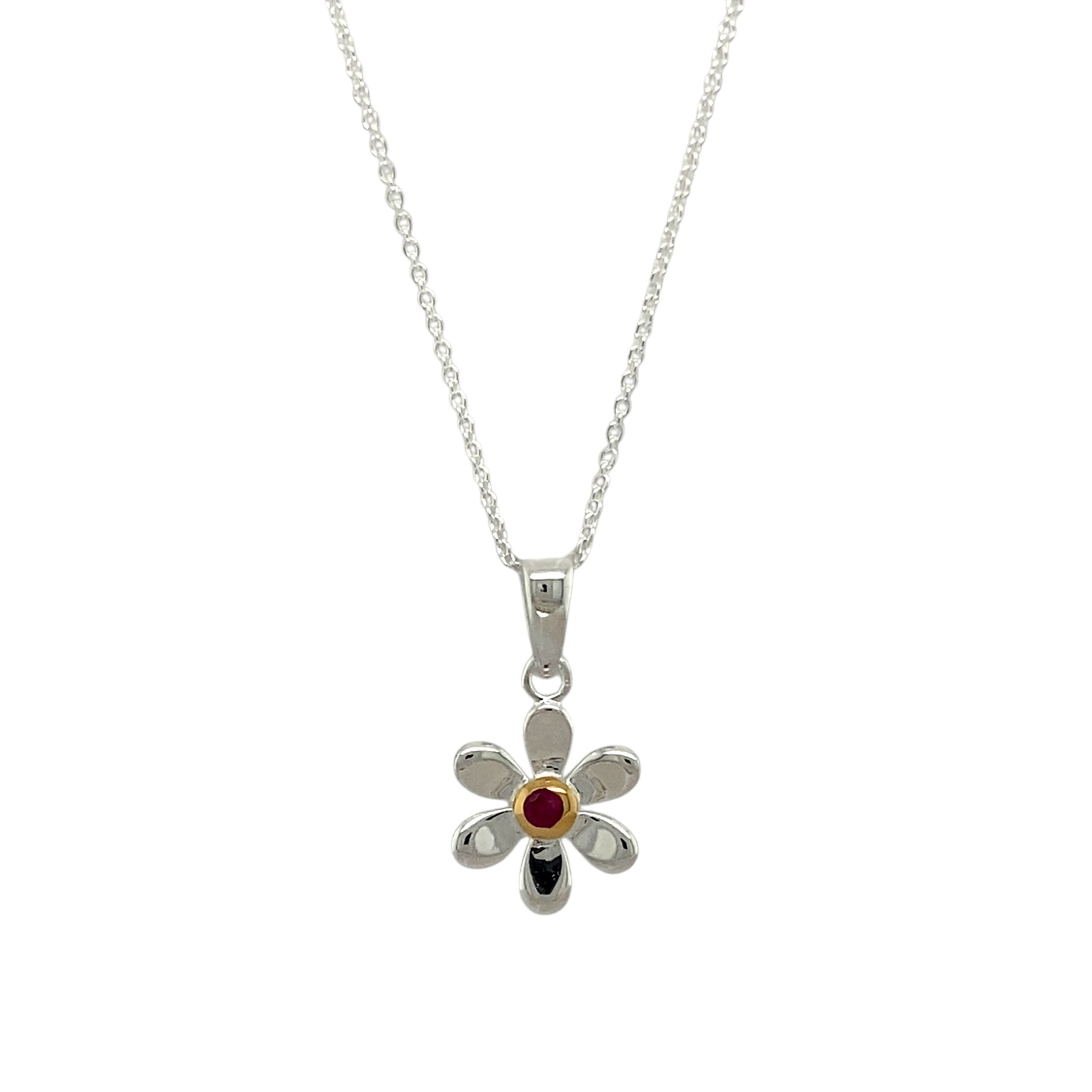 925 Silver & Ruby Set Flower July Birthstone 16" - 18" Necklace