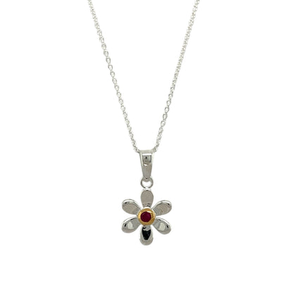 925 Silver & Ruby Set Flower July Birthstone 16" - 18" Necklace