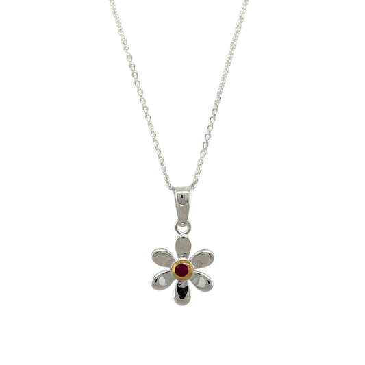 925 Silver & Ruby Set Flower July Birthstone 16" - 18" Necklace