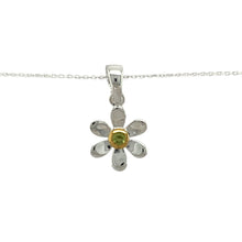 Load image into Gallery viewer, Add a touch of elegance and personal meaning to your jewellery collection with this new 925 silver &amp; peridot set flower August birthstone pendant necklace, featuring:

Design: A delicate flower-shaped pendant, set with a vibrant peridot birthstone at its centre for a timeless and meaningful touch.
Material: 925 sterling silver, with a gold-plated setting around the peridot for added warmth and contrast.
Gemstone: Features a 2mm diameter peridot, known as the birthstone for August, symbolising strength and p
