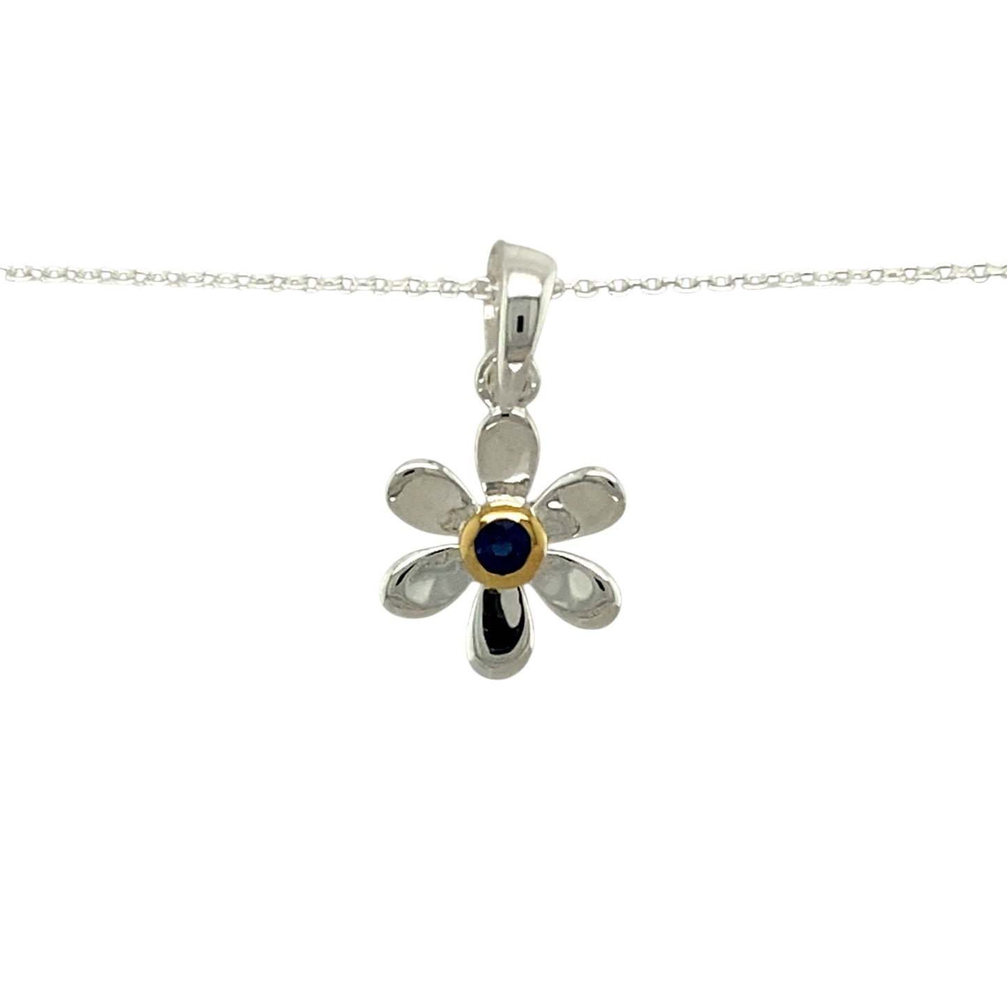 Add a touch of elegance and personal meaning to your jewellery collection with this new 925 silver & sapphire set flower September birthstone pendant necklace, featuring:

Design: A delicate flower-shaped pendant, set with a deep blue sapphire birthstone at its centre for a timeless and meaningful touch.
Material: 925 sterling silver, with a gold-plated setting around the sapphire for added warmth and contrast.
Gemstone: Features a 2mm diameter sapphire, known as the birthstone for September