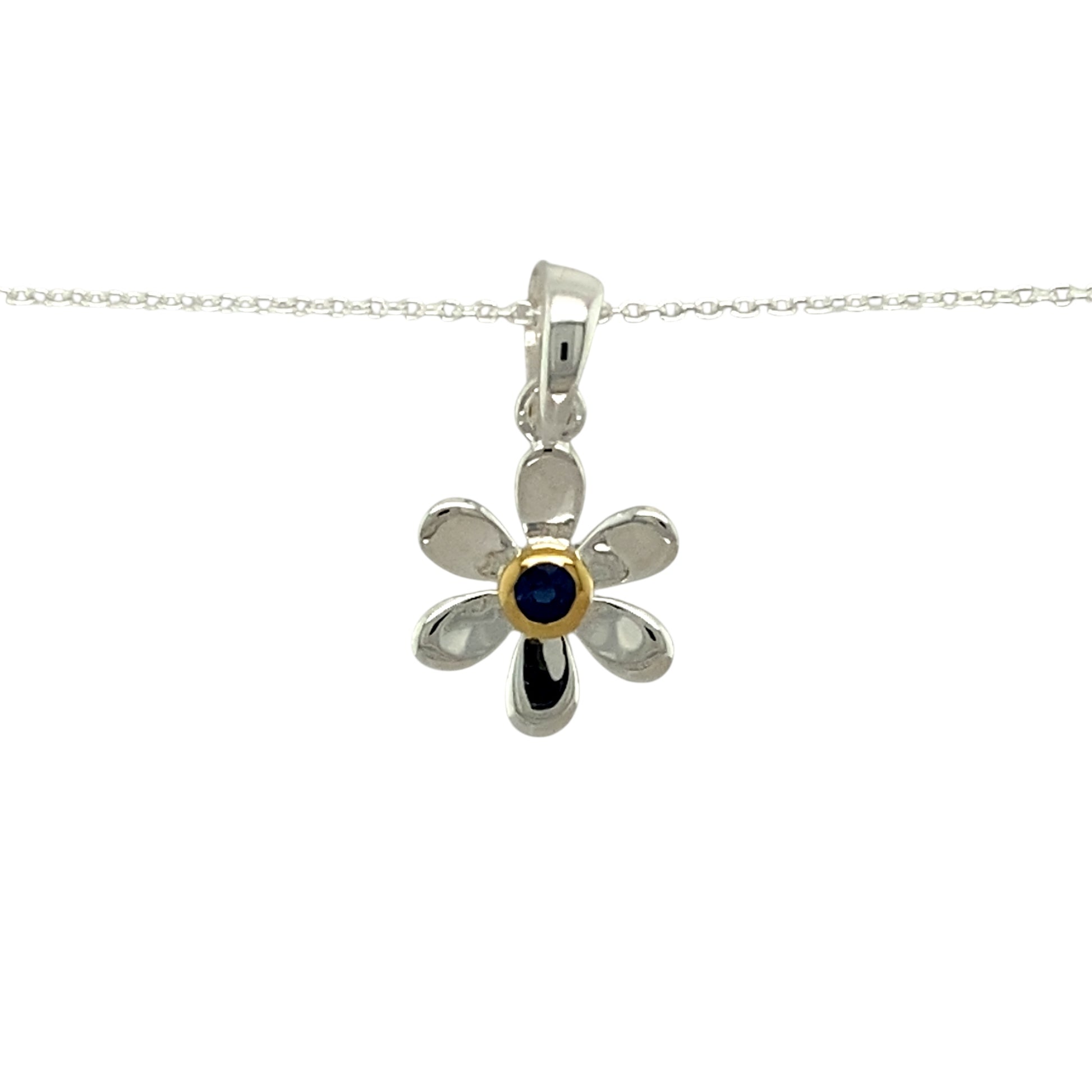 Add a touch of elegance and personal meaning to your jewellery collection with this new 925 silver & sapphire set flower September birthstone pendant necklace, featuring:

Design: A delicate flower-shaped pendant, set with a deep blue sapphire birthstone at its centre for a timeless and meaningful touch.
Material: 925 sterling silver, with a gold-plated setting around the sapphire for added warmth and contrast.
Gemstone: Features a 2mm diameter sapphire, known as the birthstone for September