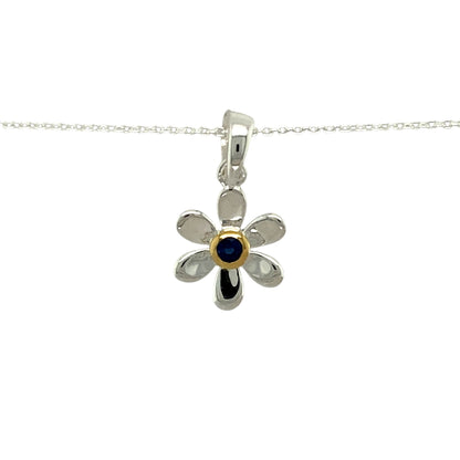 Add a touch of elegance and personal meaning to your jewellery collection with this new 925 silver & sapphire set flower September birthstone pendant necklace, featuring:

Design: A delicate flower-shaped pendant, set with a deep blue sapphire birthstone at its centre for a timeless and meaningful touch.
Material: 925 sterling silver, with a gold-plated setting around the sapphire for added warmth and contrast.
Gemstone: Features a 2mm diameter sapphire, known as the birthstone for September
