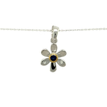 Load image into Gallery viewer, Add a touch of elegance and personal meaning to your jewellery collection with this new 925 silver &amp; sapphire set flower September birthstone pendant necklace, featuring:

Design: A delicate flower-shaped pendant, set with a deep blue sapphire birthstone at its centre for a timeless and meaningful touch.
Material: 925 sterling silver, with a gold-plated setting around the sapphire for added warmth and contrast.
Gemstone: Features a 2mm diameter sapphire, known as the birthstone for September
