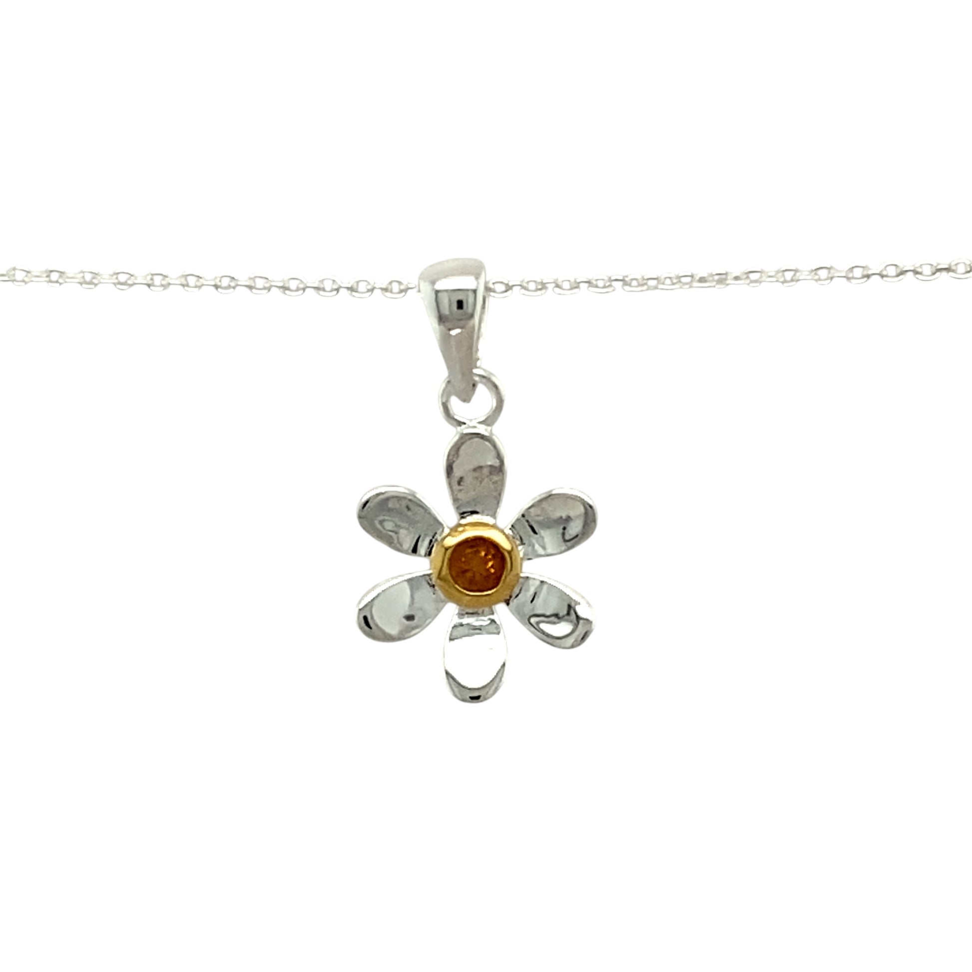 Add a touch of elegance and personal meaning to your jewellery collection with this new 925 silver & citrine set flower November birthstone pendant necklace, featuring:

Design: A delicate flower-shaped pendant, set with a warm citrine birthstone at its centre for a timeless and meaningful touch.
Material: 925 sterling silver, with a gold-plated setting around the citrine for added warmth and contrast.
Gemstone: Features a 2mm diameter citrine, known as the birthstone for November, symbolising joy and abund