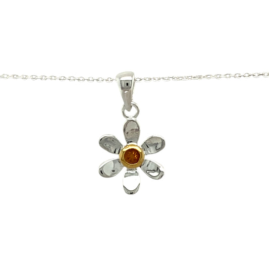 Add a touch of elegance and personal meaning to your jewellery collection with this new 925 silver & citrine set flower November birthstone pendant necklace, featuring:

Design: A delicate flower-shaped pendant, set with a warm citrine birthstone at its centre for a timeless and meaningful touch.
Material: 925 sterling silver, with a gold-plated setting around the citrine for added warmth and contrast.
Gemstone: Features a 2mm diameter citrine, known as the birthstone for November, symbolising joy and abund