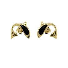 Load image into Gallery viewer, Add a playful yet elegant touch to your jewellery collection with these pre-owned 14ct yellow gold &amp; black onyx set dolphin stud earrings, featuring:

Design: A unique dolphin-inspired design, combining charm and sophistication.
Material: Crafted in 14-carat yellow gold, offering a rich and luxurious appeal.
Gemstones: Each earring is set with a sleek 8.5mm by 3.5mm black onyx stone, adding depth and contrast to the design.
Weight: A well-balanced 2.50 grams, ensuring a comfortable and secure fit.

