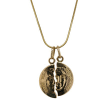 Load image into Gallery viewer, Celebrate connection and enduring love with this pre-owned 18ct gold &#39;Friend/Lover&#39; moon love necklace, featuring:

Design: A symbolic pair of disc-style pendants, each with a sculpted face and a jagged edge that fits perfectly with the other—representing two halves of a whole. Inscribed with &quot;divisi ma sempre uniti&quot; (“separated but always united”), this piece is rich in sentiment and artistic detail.
Material: 18-carat gold, offering a luxurious, warm tone with a high-polish finish.

