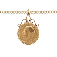 Load image into Gallery viewer, Add a distinguished and historically rich piece to your collection with this pre-owned 9ct yellow gold curb chain necklace, featuring a genuine 22ct gold George V 1912 full sovereign coin pendant:

Design: A bold and timeless design featuring a mounted full sovereign coin in a 9ct yellow gold soldered mount, suspended from a classic curb chain for a refined, vintage-inspired look.
Coin Detail: A 22-carat gold 1912 George V full sovereign coin—highly collectible and steeped in British history.

