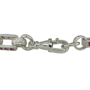 Add a pop of colour and timeless charm to your collection with this new 925 silver 8.5" pink cubic zirconia set patterned belcher bracelet, combining classic design with a sparkling, feminine twist:

Design: A traditional belcher link bracelet featuring detailed patterned links, each set with vibrant pink cubic zirconia stones, offering a perfect blend of classic style and modern sparkle.