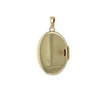 Load image into Gallery viewer, Keep treasured memories close with this pre-owned 9ct yellow gold patterned oval locket—a timeless keepsake with elegant detailing and sentimental charm.

Design: This classic oval locket features intricate engraved patterning on the front, offering a beautiful vintage-inspired look with room to hold two small photos inside.
Material: Made from 9-carat yellow gold, the warm, polished finish enhances the detailed design and adds a soft, elegant glow.
