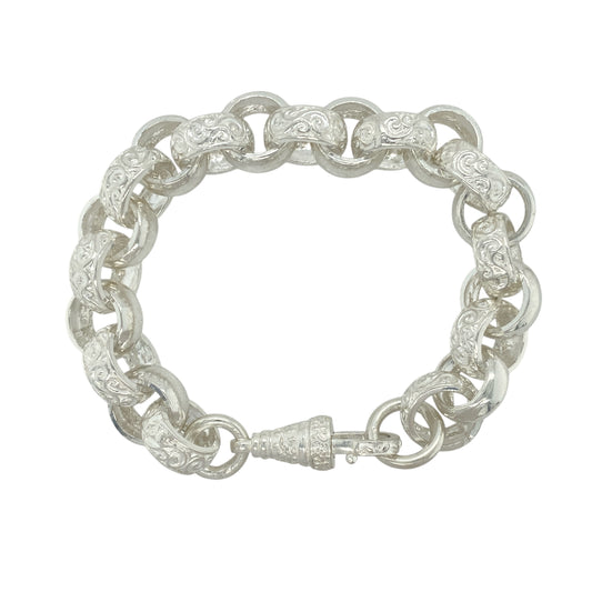 New 925 Silver 9.5" Patterned Engraved Belcher Bracelet