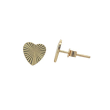 Load image into Gallery viewer, Bring sweet charm and timeless romance to your collection with these pre-owned 9ct yellow gold patterned heart stud earrings, offering a delicate and meaningful touch — perfect for adding a hint of love to any look.

Design: These lovely studs feature heart-shaped fronts measuring 7mm in height, detailed with subtle patterning that adds texture and feminine elegance.
