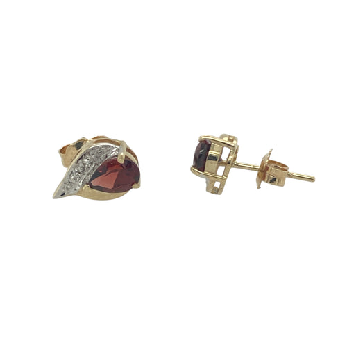 9ct Gold Diamond & Garnet Set Teardrop Stud Earrings