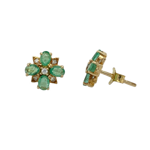 9ct Gold Diamond & Emerald Set Flower Style Stud Earrings