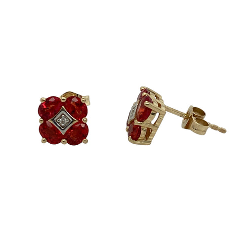 10ct Gold Diamond & Red Stone Cluster Stud Earrings