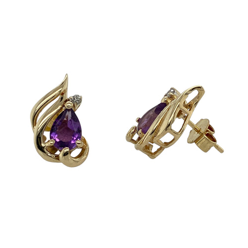 14ct Gold Diamond & Amethyst Set Teardrop Swirl Set Stud Earrings