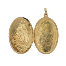 Load image into Gallery viewer, Bring vintage charm and golden elegance to your collection with this pre-owned 9ct yellow gold large oval ship locket—a timeless keepsake with space for treasured memories.

Design: The locket features an oval front decorated with a detailed ship motif, giving it a distinctive and characterful look.
Material: Made from 9-carat yellow gold, the polished finish highlights the intricate detailing while adding classic appeal.

