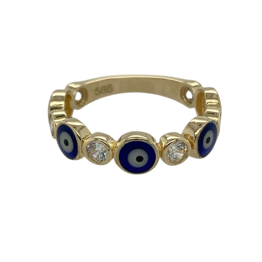 14ct Gold Cubic Zirconia & Evil Eye Stone Set Band Ring
