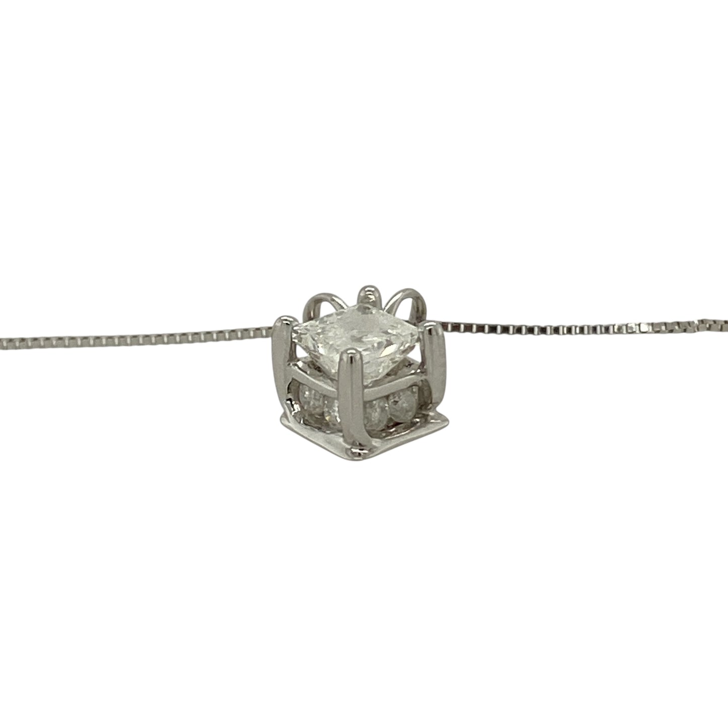 14ct White Gold & Diamond Set Princess Cut Solitaire 18" Necklace