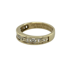 Load image into Gallery viewer, Add romance and symbolism to your collection with this pre-owned 9ct yellow gold diamond Celtic band ring, a meaningful design enriched with sentiment.

Design: The ring features a 4mm wide band with an intricate Celtic pattern, accented with diamonds for subtle sparkle. Inside the band is the heartfelt engraving: “our love will last for all time, hand in hand for the rest of our lives.”
