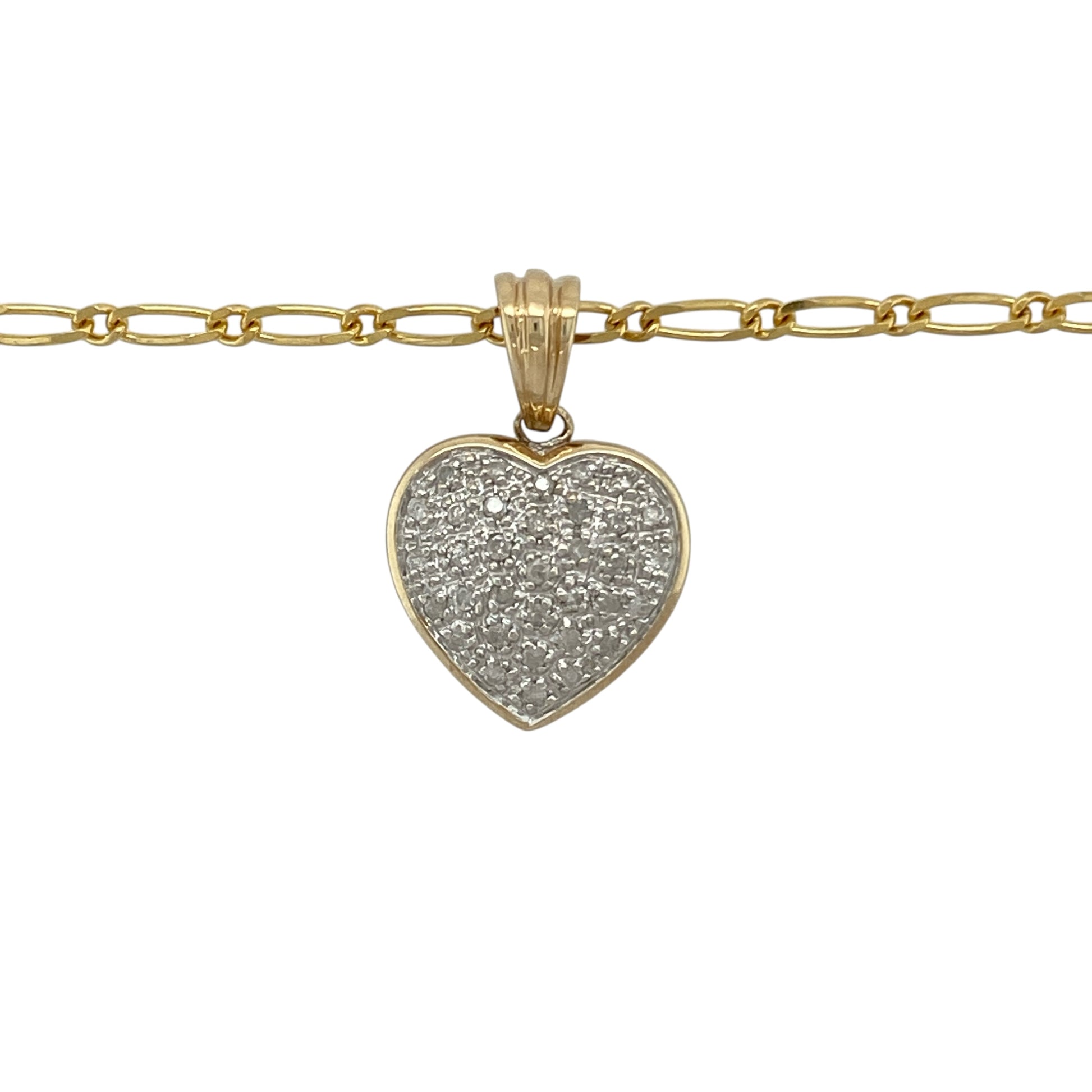 Bring romantic sparkle and elegant design to your collection with this pre-owned 9ct yellow and white gold diamond heart cluster pendant, paired with an 18-inch figaro chain for a timeless finish.

Design: The pendant measures 2.4cm long including the bail and features a heart-shaped cluster adorned with approximately 0.16ct of diamonds, offering brilliance and charm.