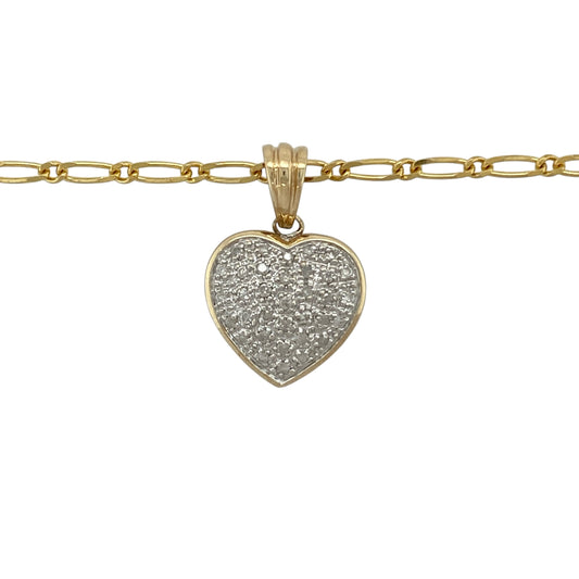 Bring romantic sparkle and elegant design to your collection with this pre-owned 9ct yellow and white gold diamond heart cluster pendant, paired with an 18-inch figaro chain for a timeless finish.

Design: The pendant measures 2.4cm long including the bail and features a heart-shaped cluster adorned with approximately 0.16ct of diamonds, offering brilliance and charm.