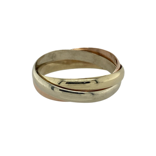 Bring elegant movement and timeless style to your collection with this pre-owned 9ct yellow, rose, and white gold three band twist ring—a beautifully balanced design symbolising harmony and unity.

Design: The ring features three interwoven bands in yellow, rose, and white gold, creating a flowing twist design that represents connection and balance. Each band measures 3mm wide, with the combined width sitting at approximately 6mm for a graceful, layered look.