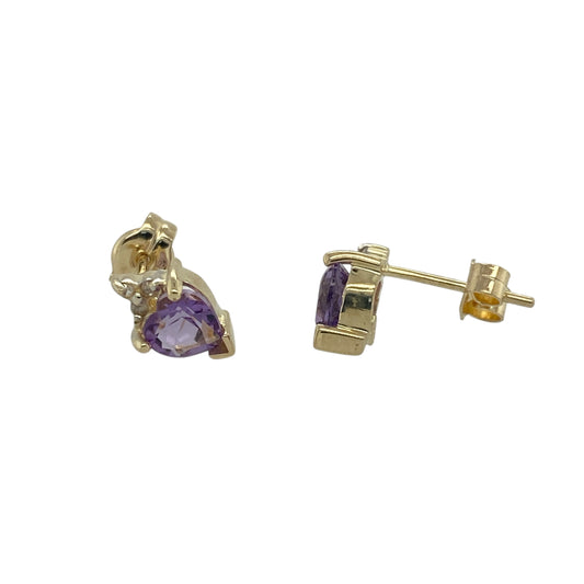 9ct Gold Diamond & Amethyst Set Heart Stud Earrings