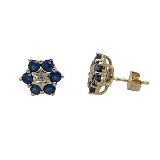 9ct Gold Diamond & Sapphire Set Flower Stud Earrings