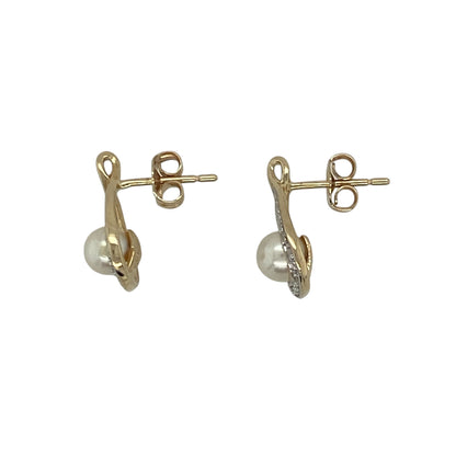 9ct Gold Diamond & Pearl Set Swirl Stud Earrings
