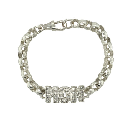 New 925 Silver & Cubic Zirconia Set Mom 6.5" Patterned Belcher Bracelet